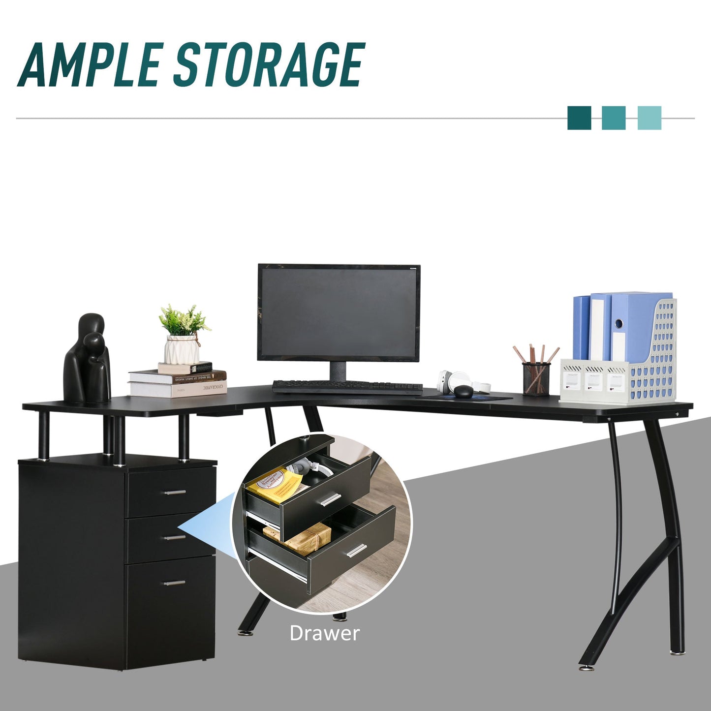 L-Shaped Computer Desk Table with Storage Drawer Home Office Corner Industrial Style Workstation