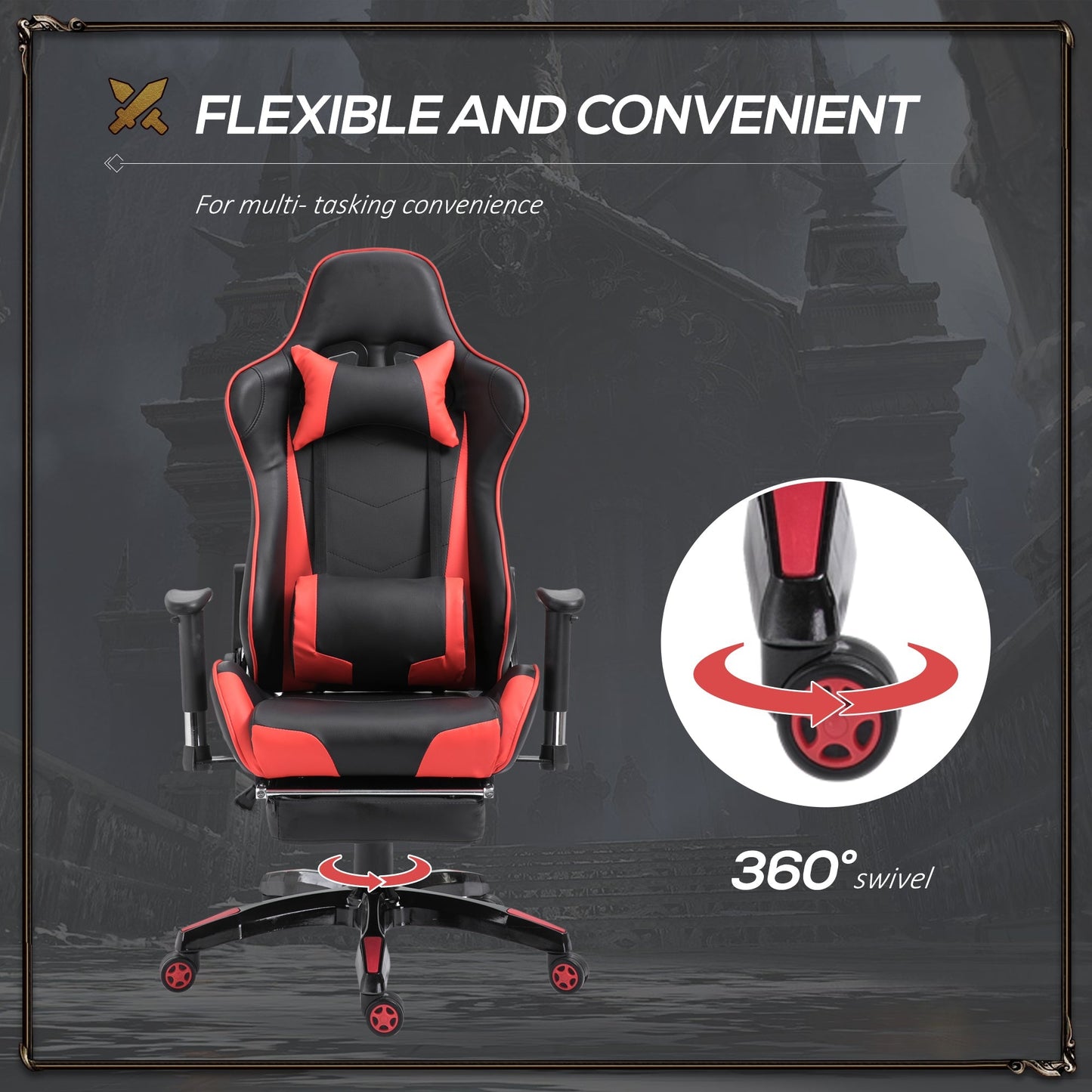 High-Back Gaming Chair Swivel Home Office Computer Racing Gamer Recliner Chair Faux Leather with Footrest