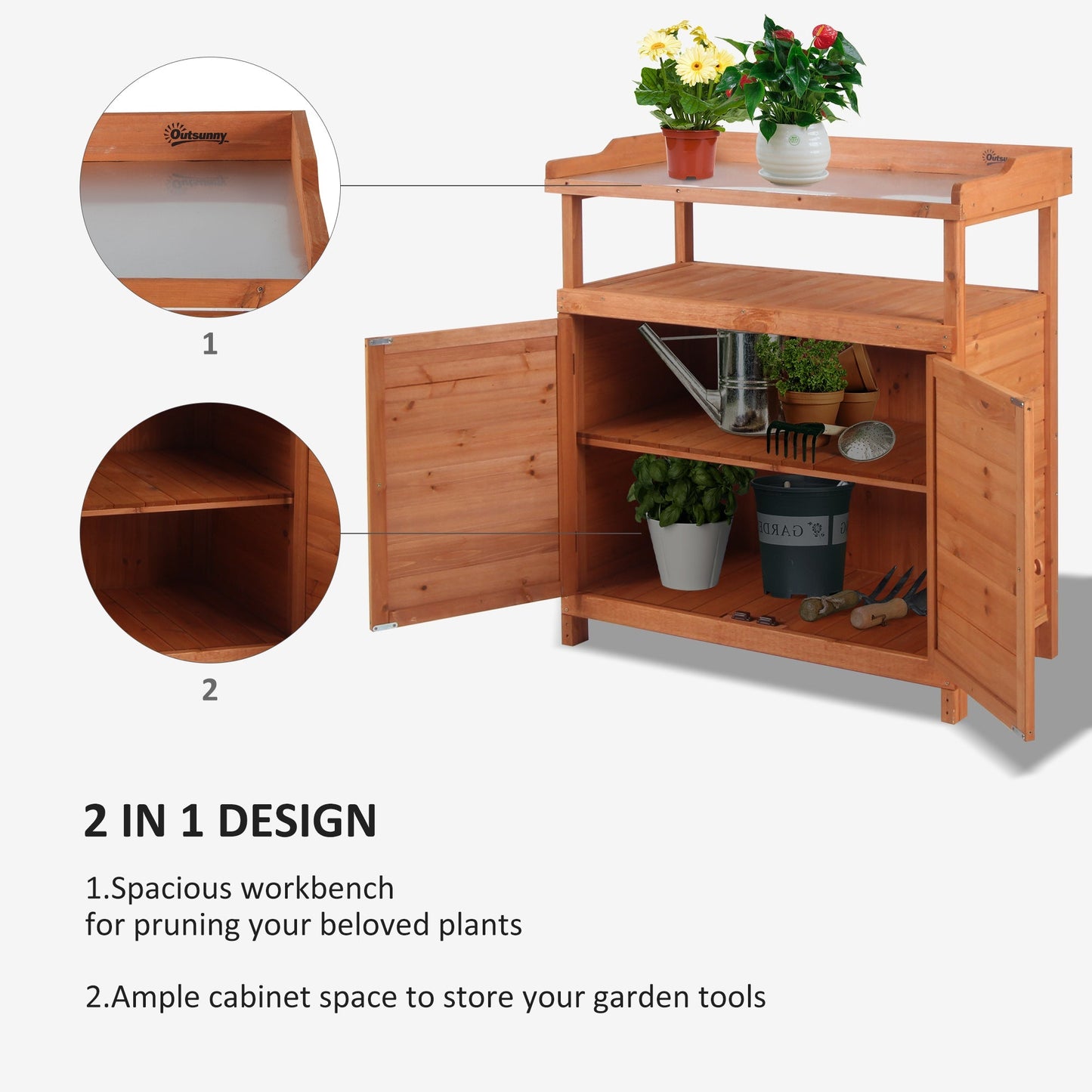 Multi-function Potting Bench Table w/ Storage Cabinet and Galvanized Table Top