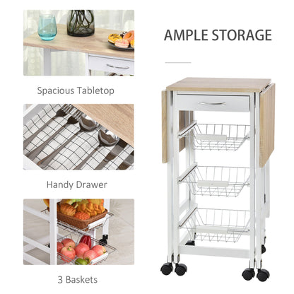 Homcom Drop-Leaf Kitchen Cart Trolley w/ 3 Baskets Drawer Surface Top 6 Universal Wheels Rolling Storage Unit Kitchen Home Dining Island White Oak Tone