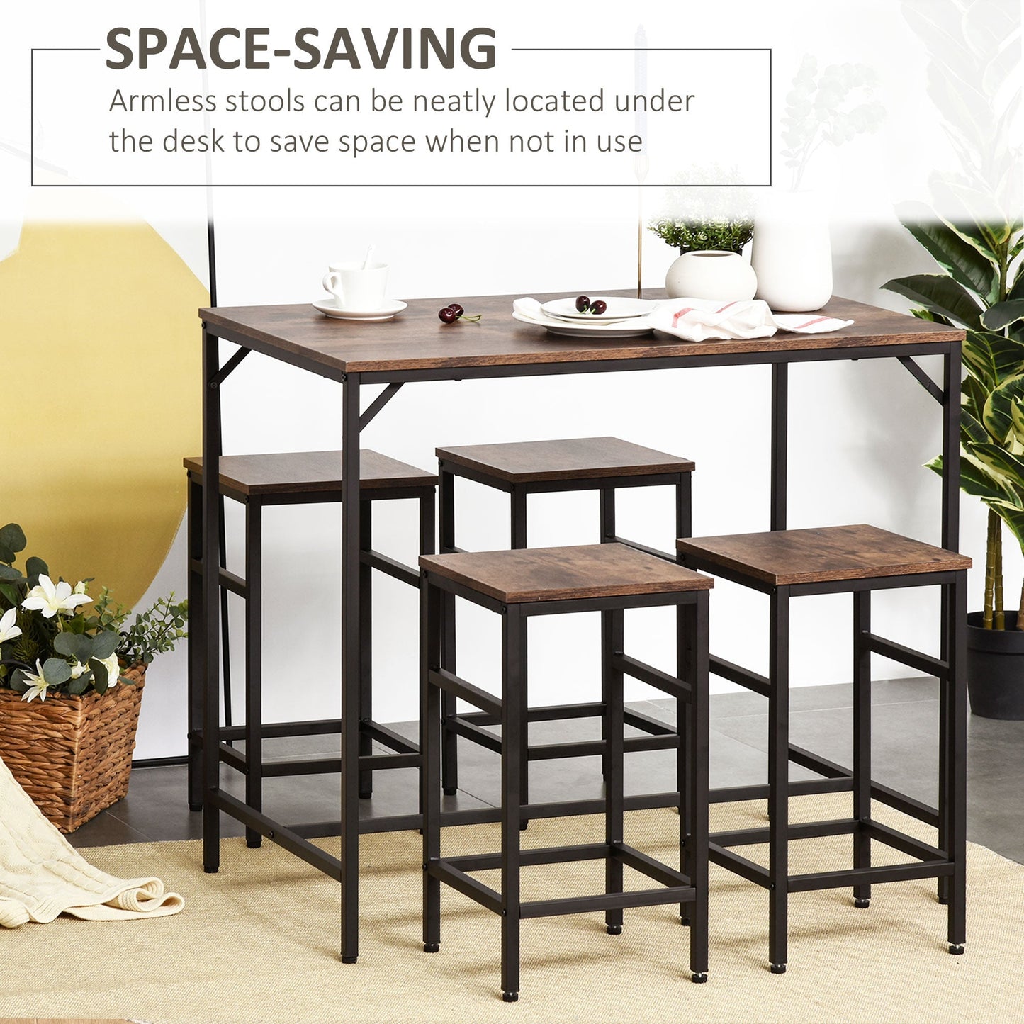 Industrial Rectangular Bar Table Set with 4 Stools for Dining Room