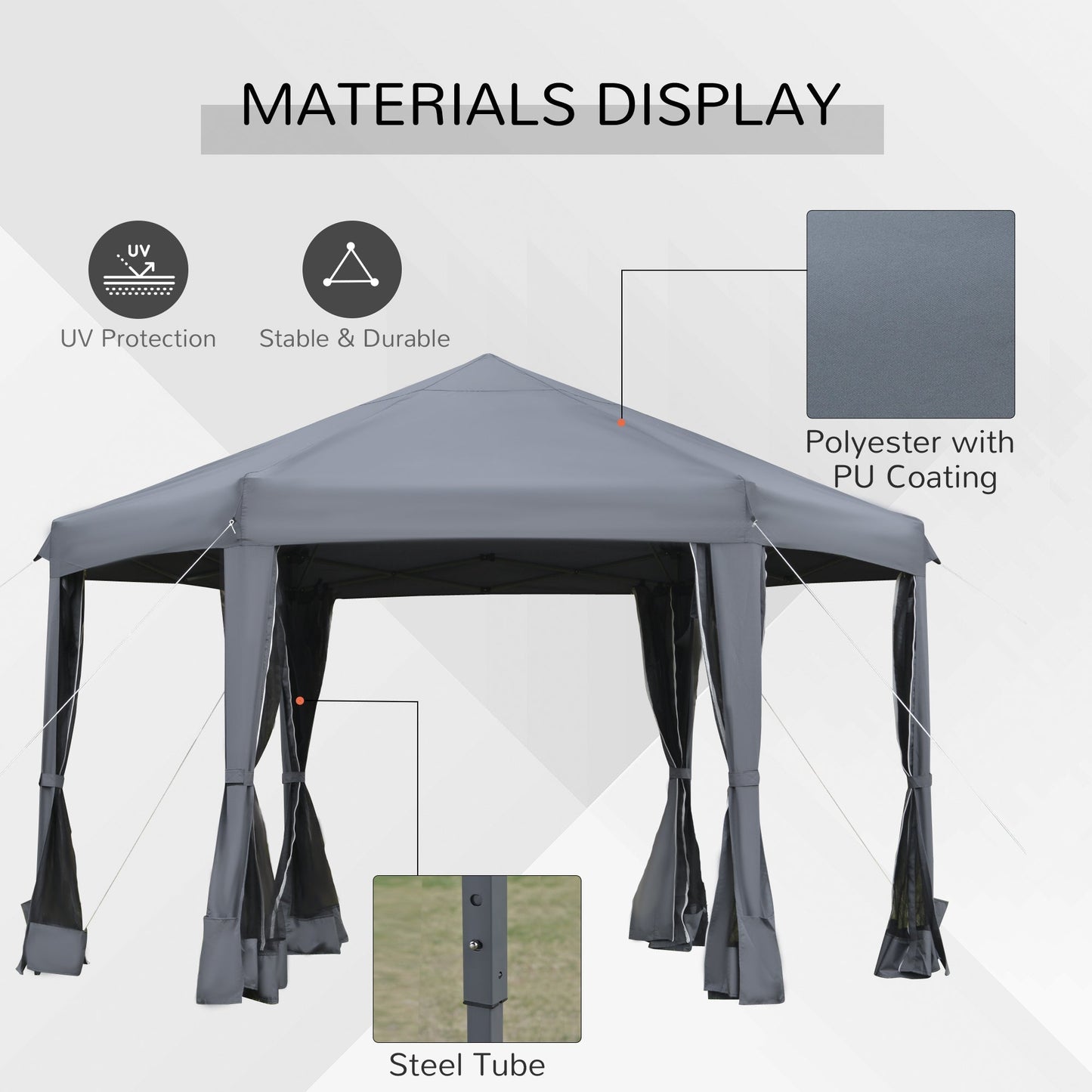 Outsunny 3.2 x 3.2M Pop Up Gazebo Hexagonal Canopy Tent Outdoor Sun Protection With Mesh Sidewalls Handy Bag Grey