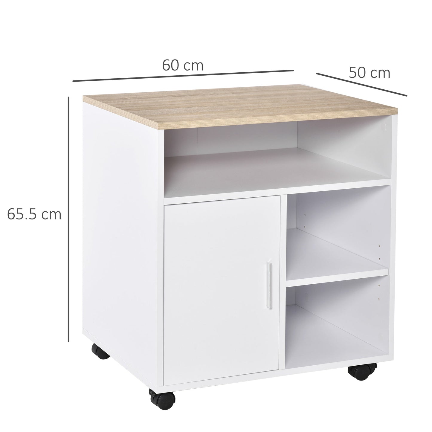 Multi-Storage Printer Stand Unit Office Desk Side Mobile Storage w/ Wheels Modern Style 60L x 50W x 65.5H cm - Oak