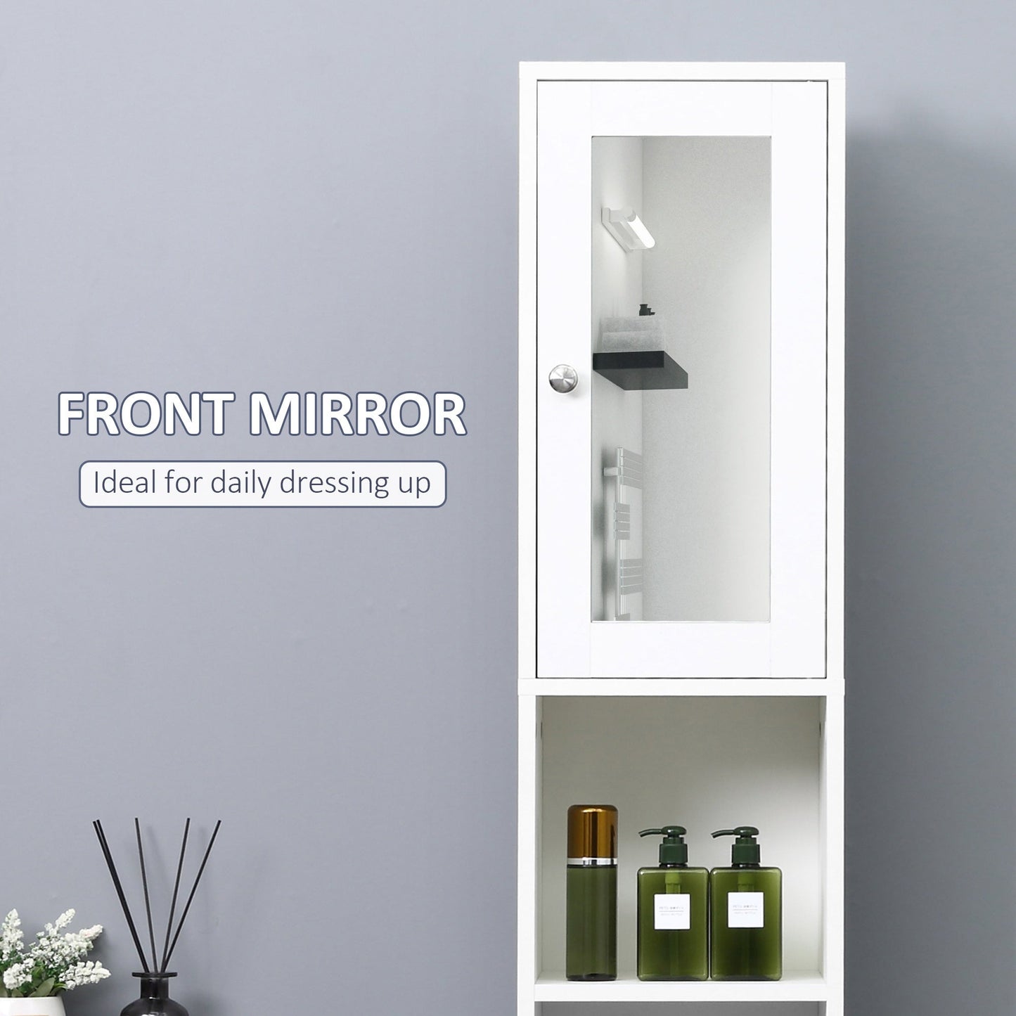 kleankin Bathroom Floor Cabinet Narrow Storage Cabinet with Mirror Adjustable Shelves