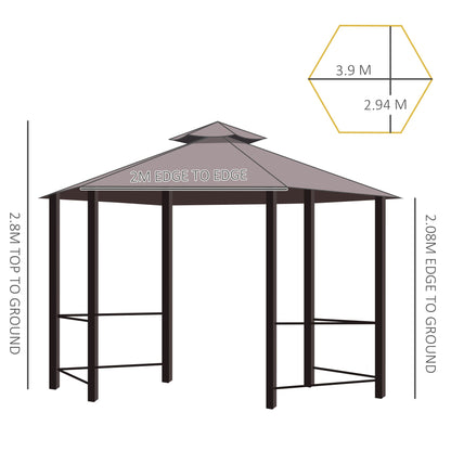 3 x 3M Hexagon Gazebo Patio Canopy Party Tent Outdoor Garden Shelter w/ 2 Tier Roof & Side Panel - Brown