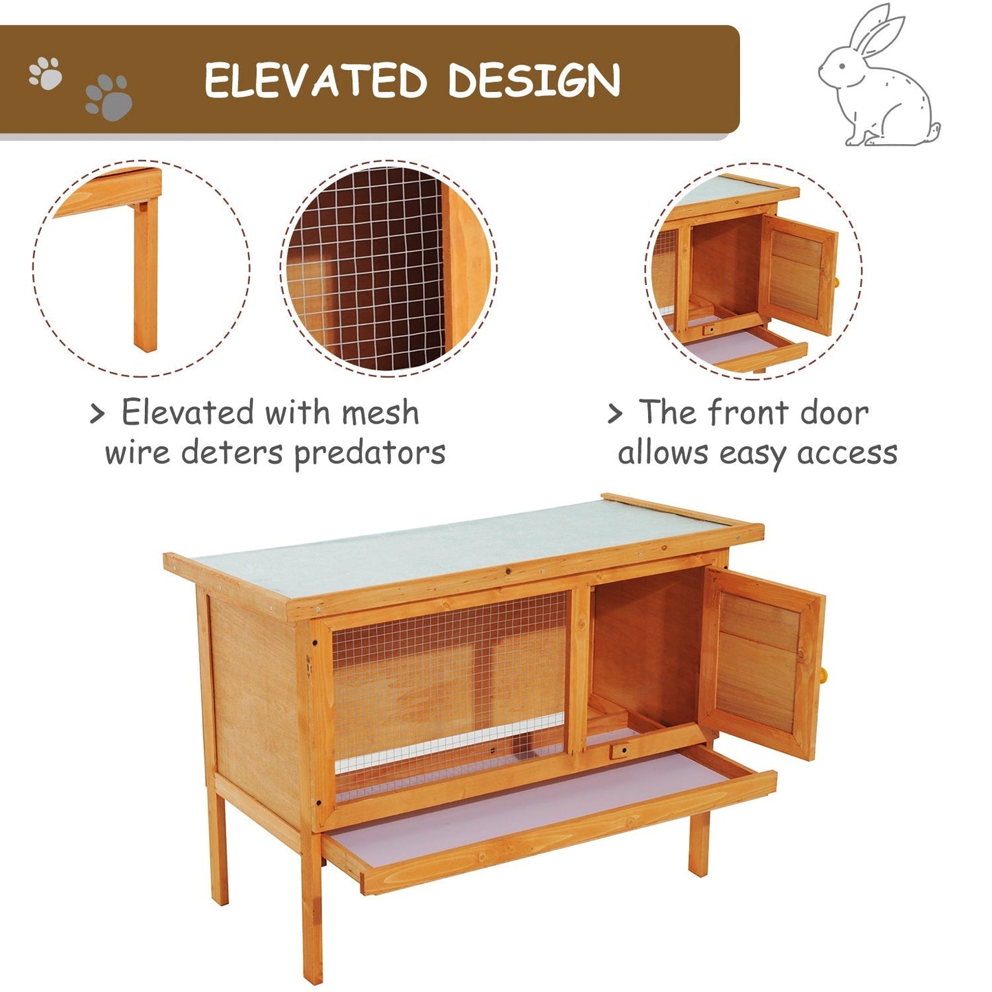 PawHut Wood Rabbit Hutch Guinea Pig House Bunny Cage Shelter Indoor Outdoor Elevated with Sliding Tray 90x45x65cm