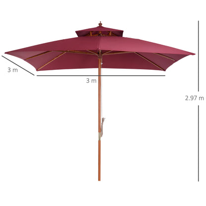 3 x 3 meter Patio Parasol Garden Umbrellas Sunshade Outdoor Wood Wooden Parasol Canopy Double Tier Wine Red