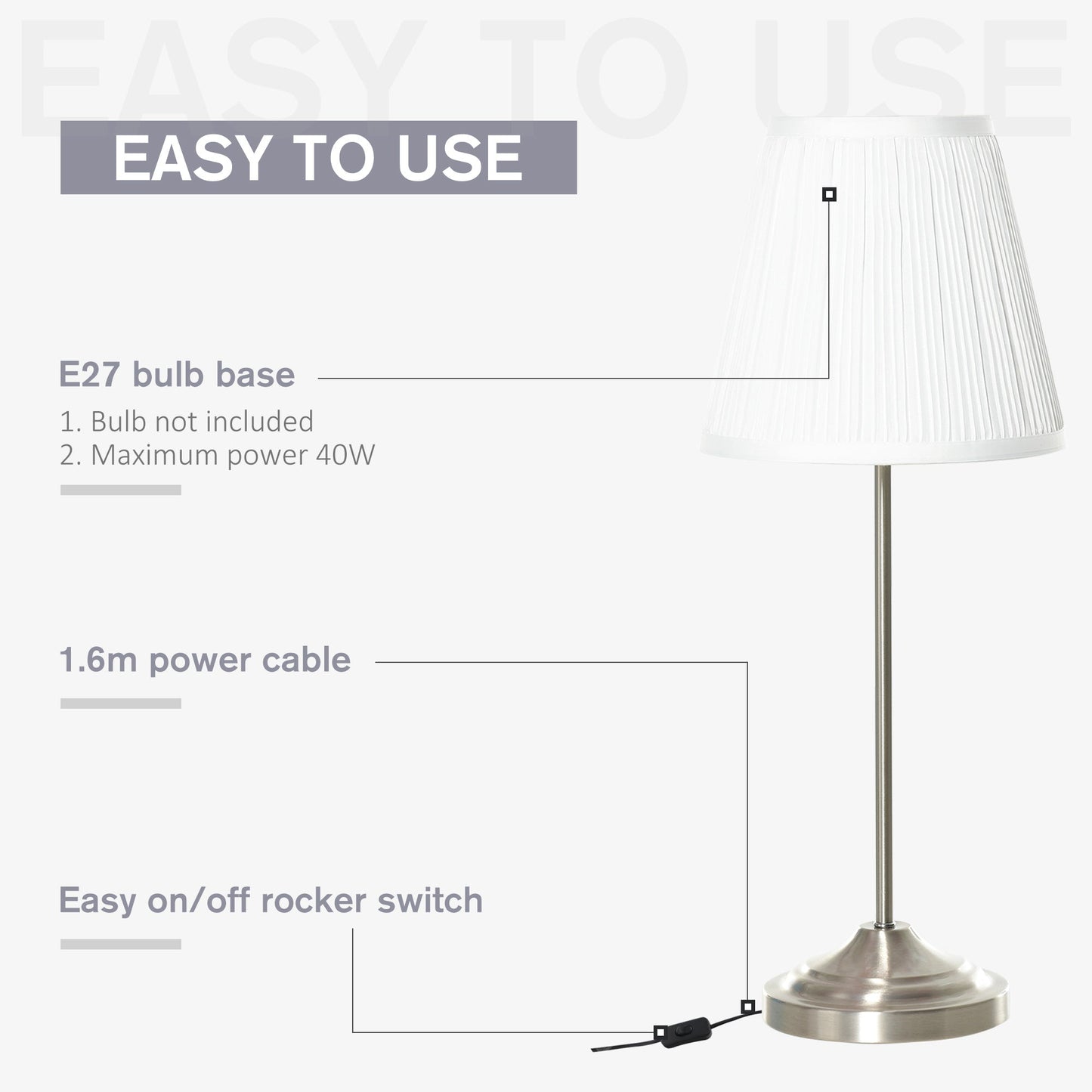 Modern Table Lamp with Pleated Fabric Lampshade and Metal Base