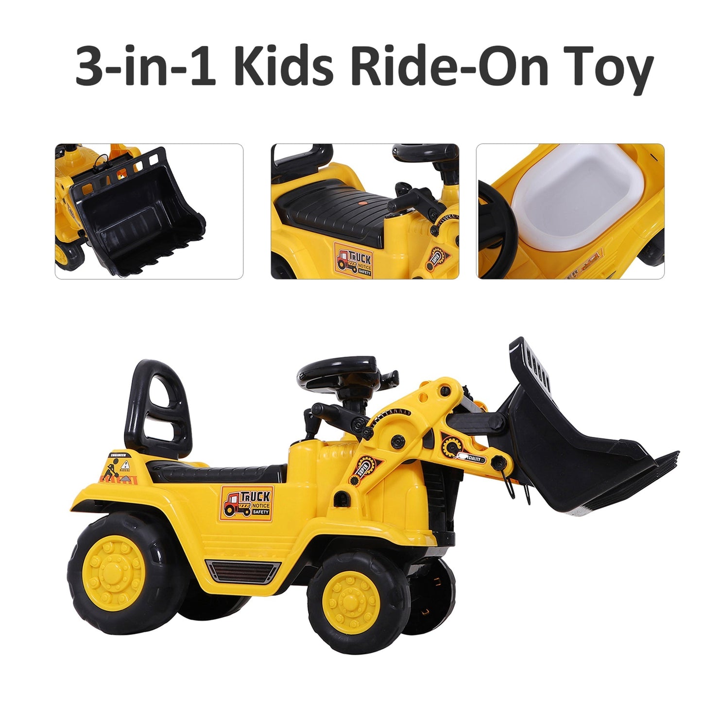 NO POWER 3 in 1 Ride On Toy Bulldozer Toddler Digger Excavator Scooter Storage Cart Toilet Pretend Play Construction Truck