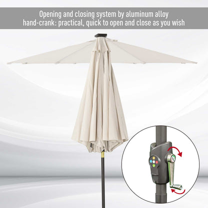 Outsunny Garden Parasol Outdoor Tilt Sun Umbrella Patio 24 Led Light Hand Crank Off-White