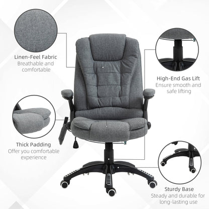 Vinsetto Massage Recliner Chair Heated Office Chair with Six Massage Points Linen-Feel Fabric 360° Swivel Wheels Grey