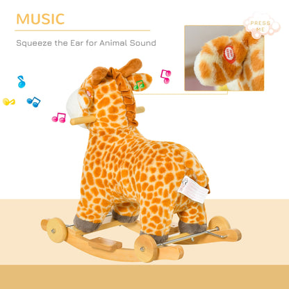 2 In 1 Kids Todder Rocking Horse Plush Ride On Giraffe Rocker with Wheels Wooden Base Animal Sounds for 36-72 Months