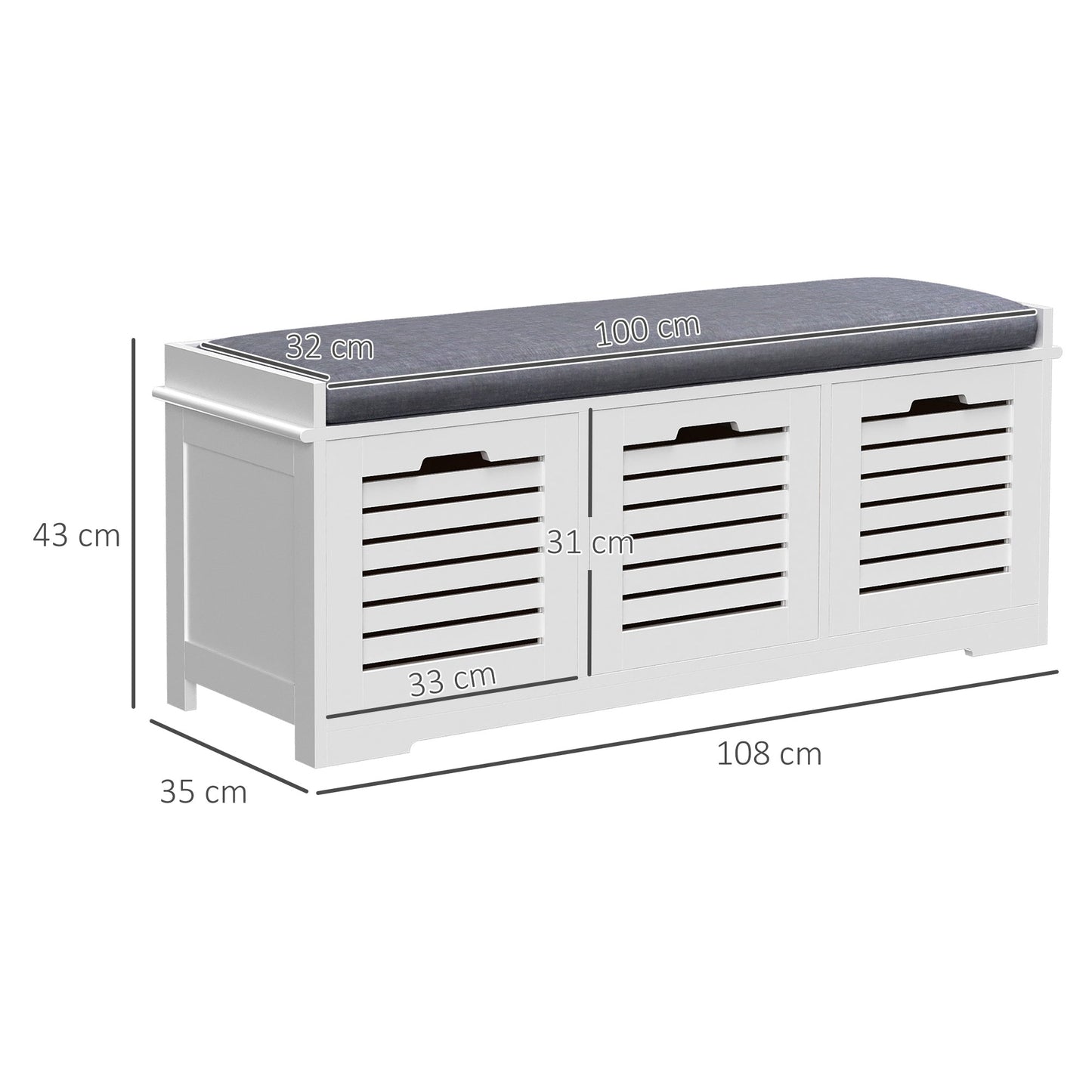 Shoe Storage Bench with 3 Drawers & Removable Grey Seat Cushion Hallway Organisation furniture