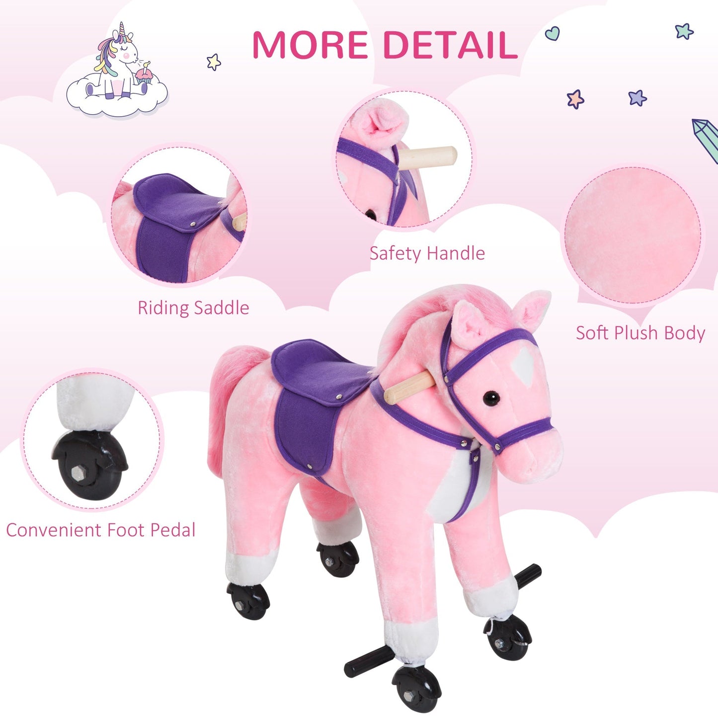 Wooden Action Pony Wheeled Walking Horse Riding Little Baby Plush Toy Wooden Style Ride on Animal Kids Gift w/Sound Pink