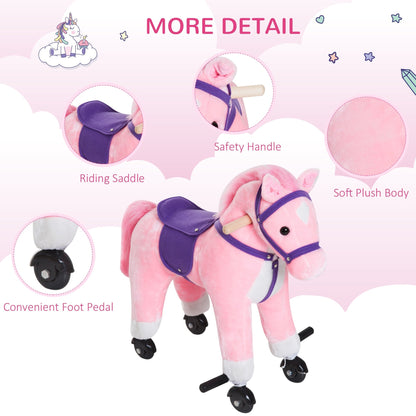 Wooden Action Pony Wheeled Walking Horse Riding Little Baby Plush Toy Wooden Style Ride on Animal Kids Gift w/Sound Pink