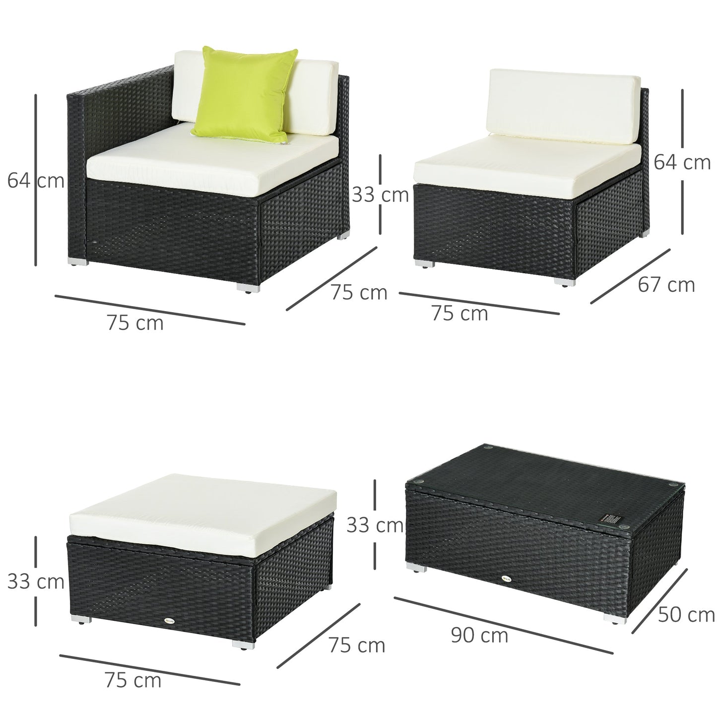 Outsunny 4-Seater Rattan Sofa Set Set Garden Outdoor Sectional Sofa Coffee Table Metal Frame Withcushion Pillows-Black