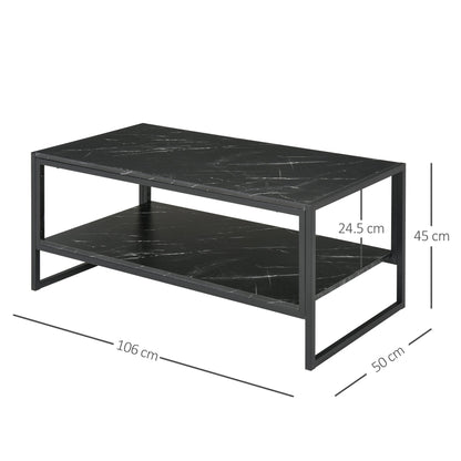 Two-Tier Laminate Marble Print Table Top Coffee Table w/ Metal Frame Foot Pads Elegant Modern Style 2 Shelves Home Display Storage Unit Living Room