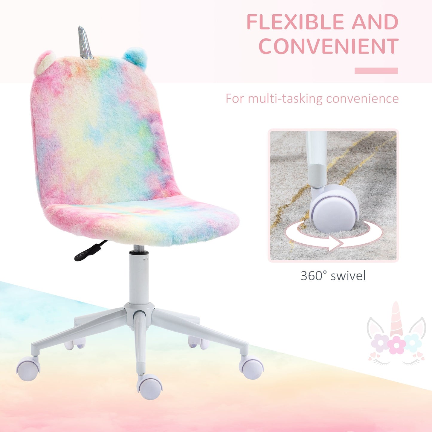 Vinsetto Fluffy Unicorn Office Chair with Mid-Back and Swivel Wheel