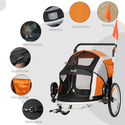 PawHut Dog Bike Trailer 2-in-1 Pet Stroller for Large Dogs Cart Foldable Bicycle Carrier Aluminium Frame with Safety Leash Hitch Coupler Reflector Flag Orange