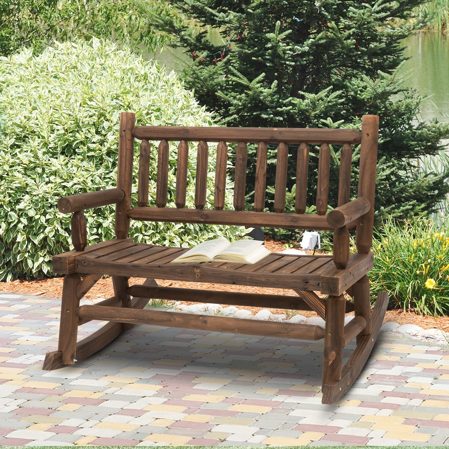 Garden 2 Seater Rocking Bench Wood Frame Rough-Cut Log Loveseat Slatted High Back Rustic Style with Armrests Garden Outdoor Furniture - Dark Stain Brown