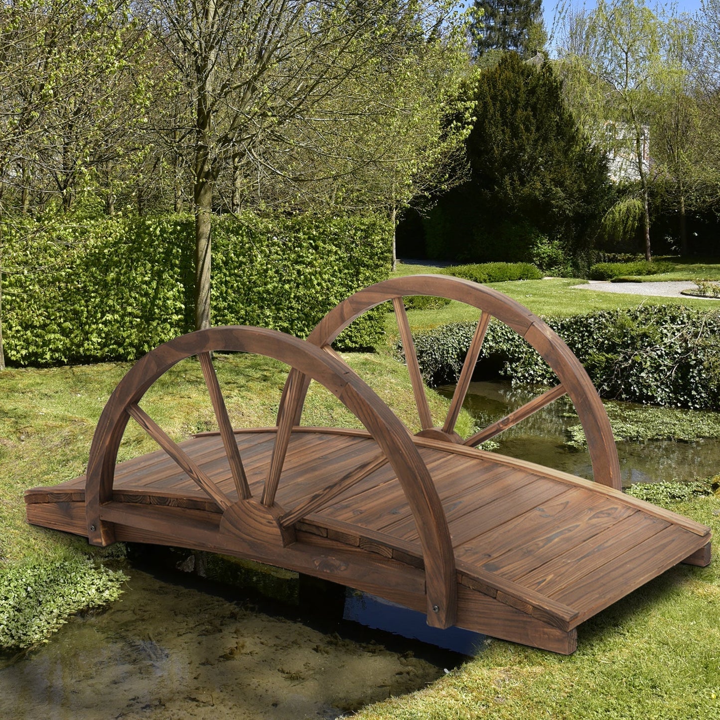 Wooden Garden Bridge Lawn Décor Stained Finish Arc Outdoor Pond WalkwayYard Decoration Half Wheeled Railings 100L x 50W x 37H cm