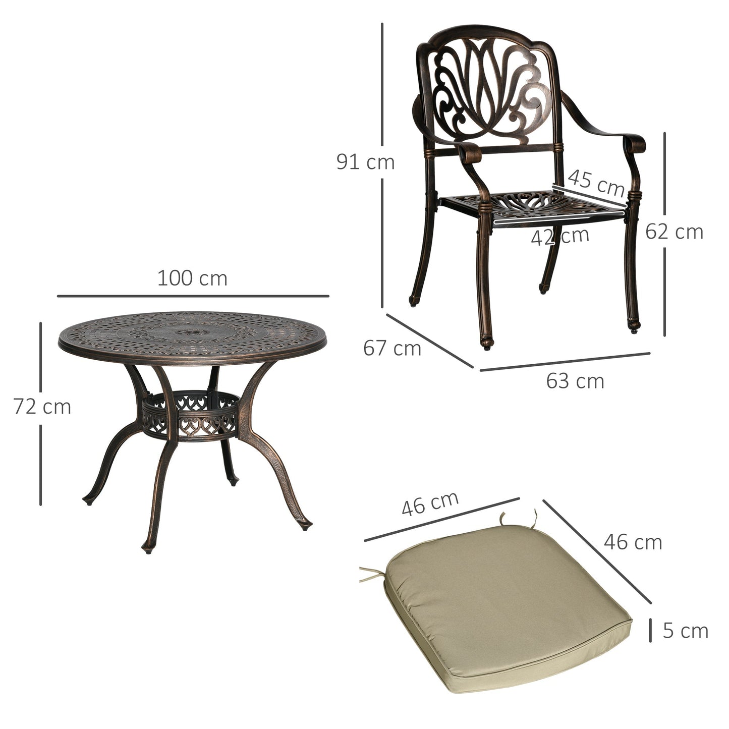 4 Seater Outdoor Dining Set Antique Cast Aluminium Garden Furniture Set with Cushions Round Dining Table with Parasol Hole