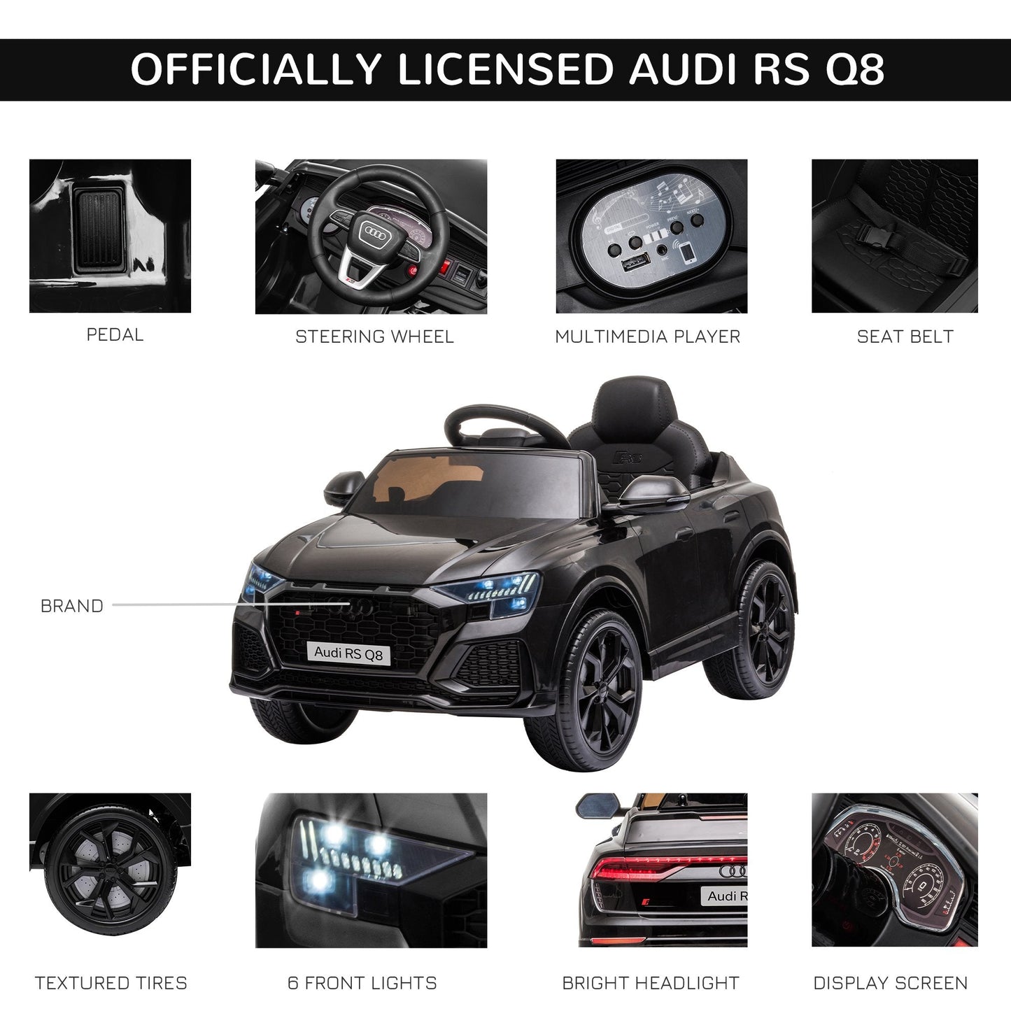 Audi RS Q8 6V Kids Electric Ride On Car Toy w/ Remote USB MP3 Bluetooth Black