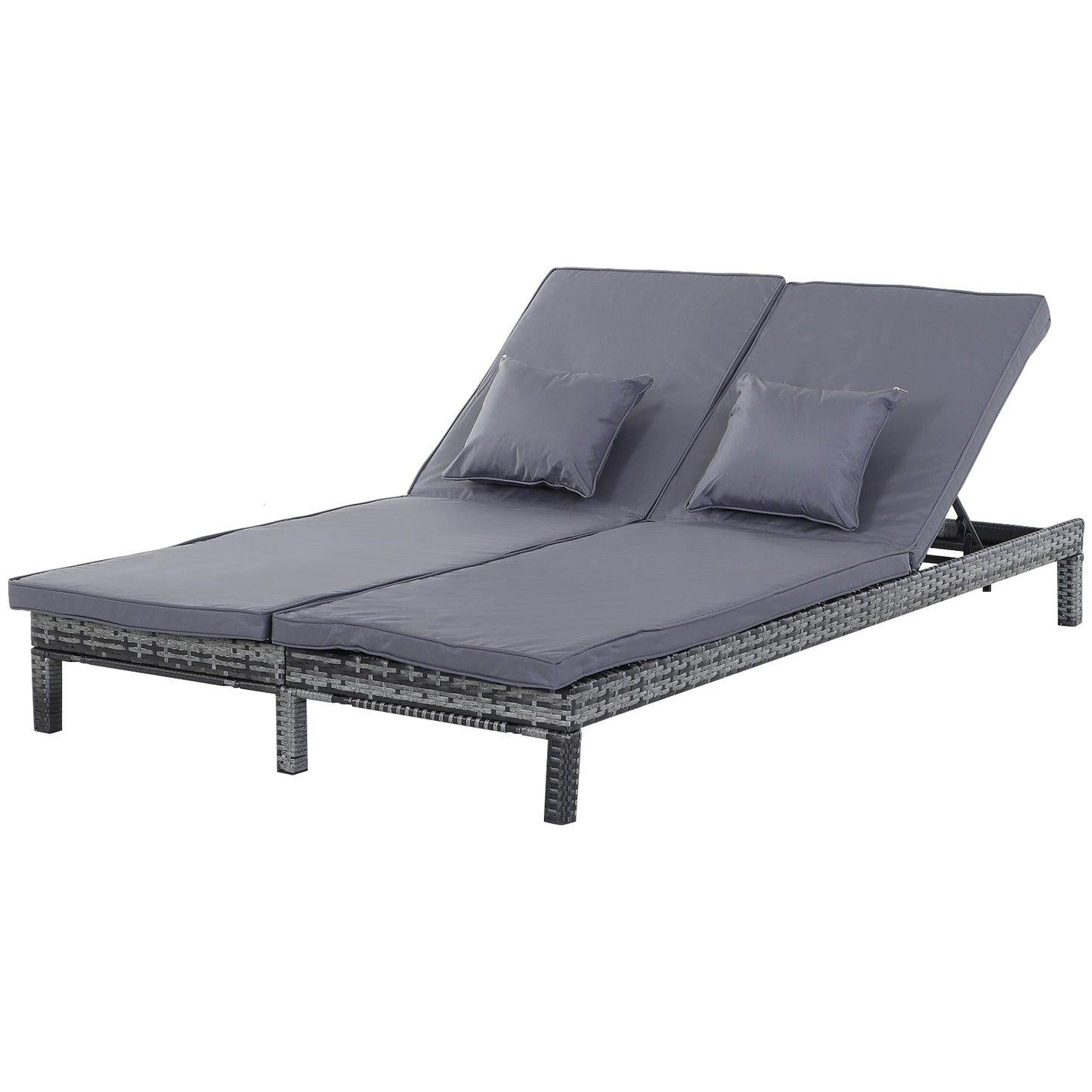 2 Seater Rattan Lounger Adjustable Double Chaise Chair Loveseat w/ Cushion - Grey