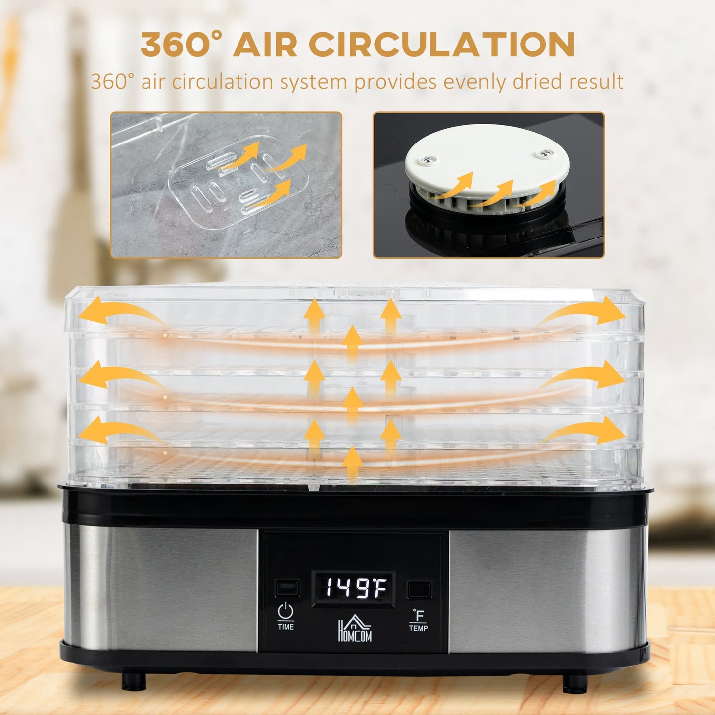 245W 5Kg Five Tray Food Dehydrator With Timer Silver