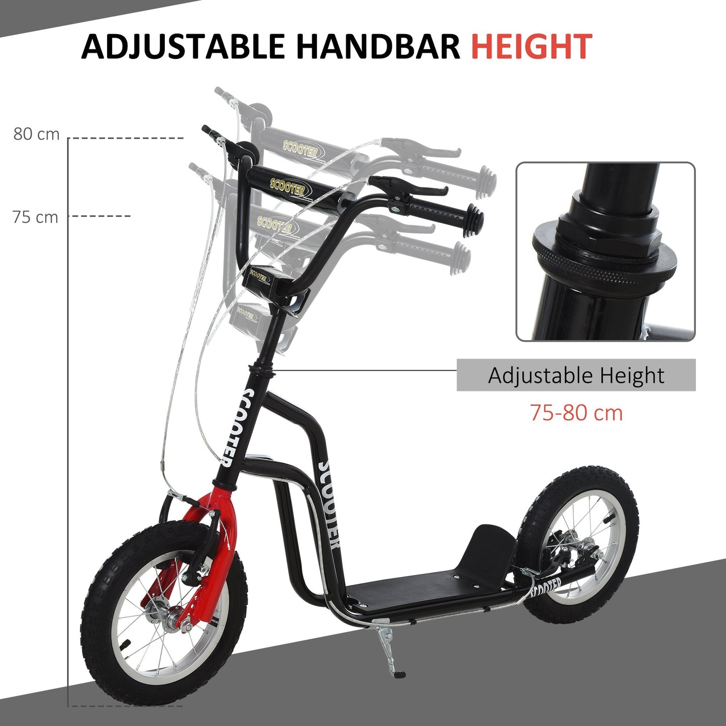 Teen Kids Stunt Scooter Children Kick Scooter Adjustable Handlebar 2 Brakes Ride On 12 Inch Rubber Tyres Black