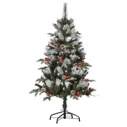 4 Foot Artificial Snow Dipped Christmas Tree Xmas Pencil Tree with Foldable Feet Red Berries White Pinecones