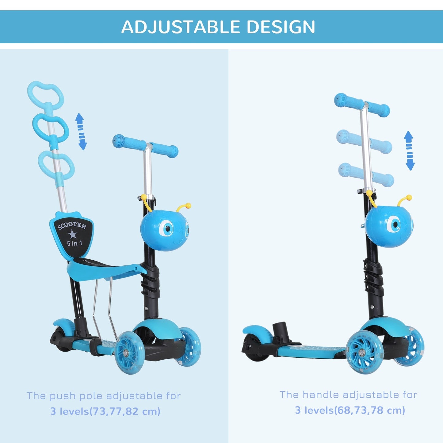 5-in-1 Kids Kick Scooter W/Removable Seat-Blue