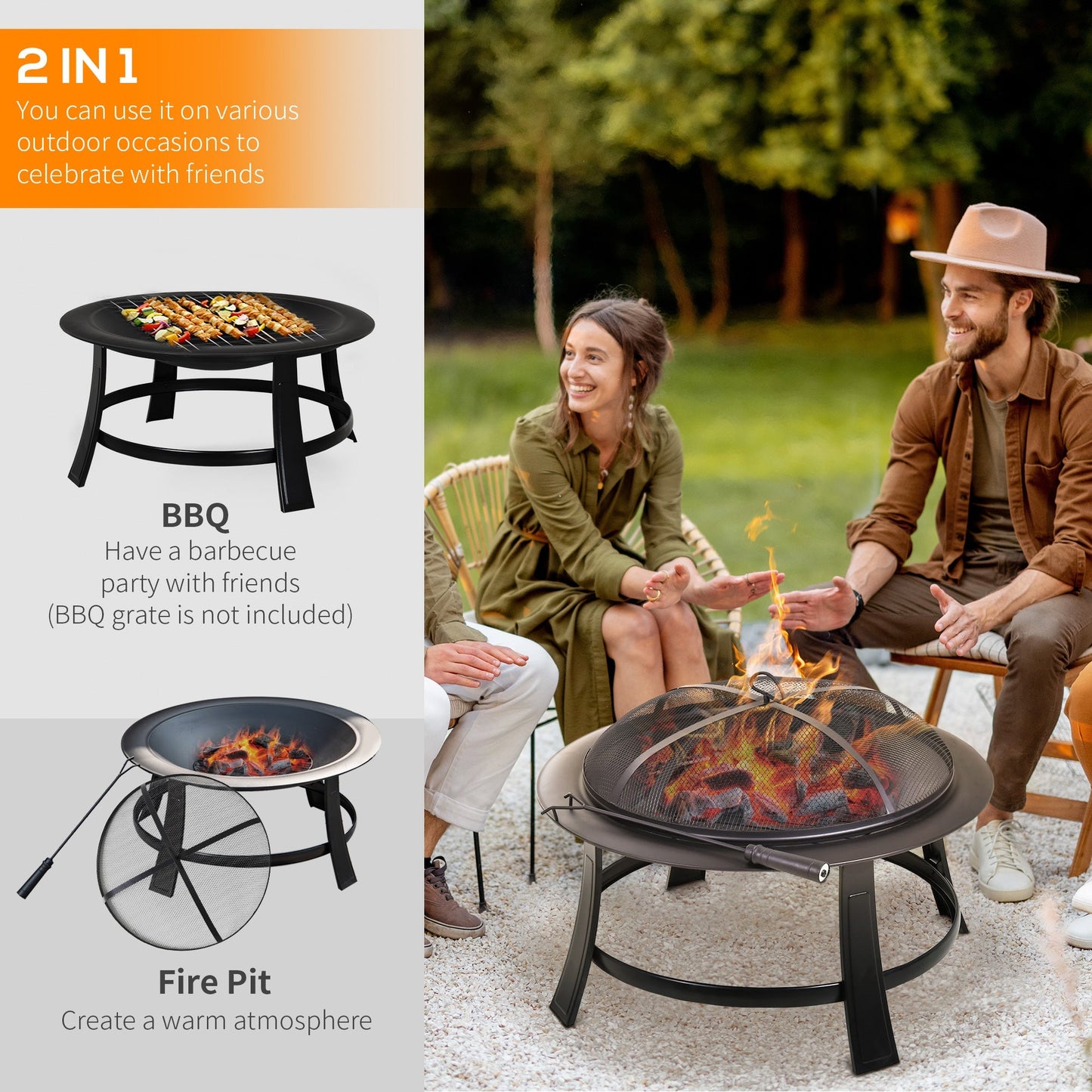 30” Round Metal Fire Pit With Cover-Black