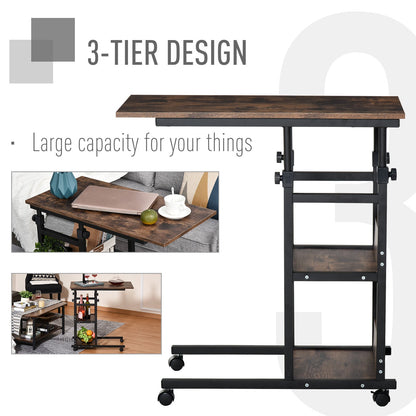 C-Shaped Side Table Industrial Mobile Rolling End Desk with 3-Tier Storage Shelving