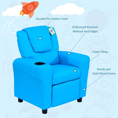 Kids Children Recliner Lounger Armchair Games Chair Sofa Seat PU Leather Look w/ Cup Holder Blue