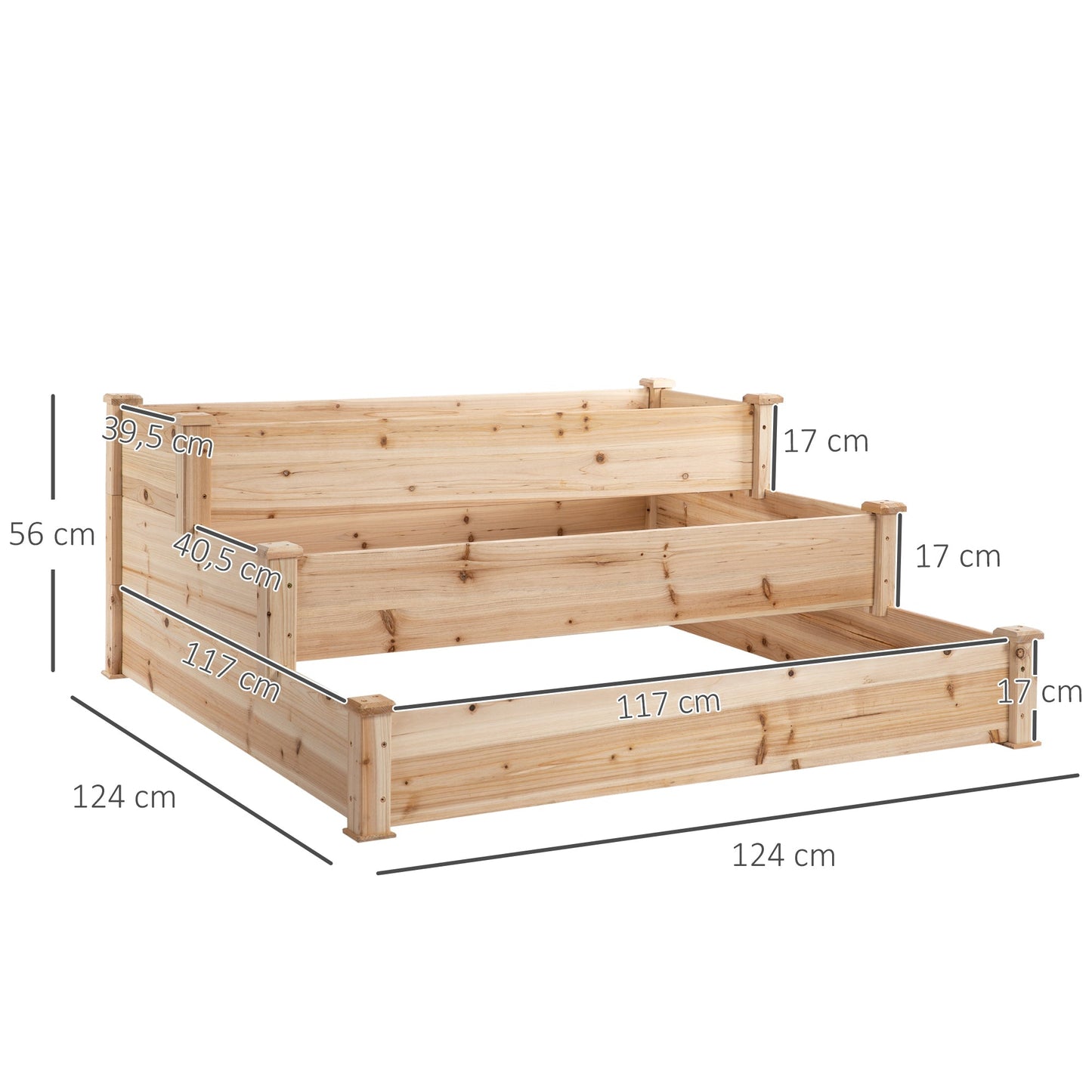 470L Wooden Raised Garden Bed 3-Tier Planter Kit Elevated Planter Box Stand for Yard & Patio 124 x 124 x 56 cm