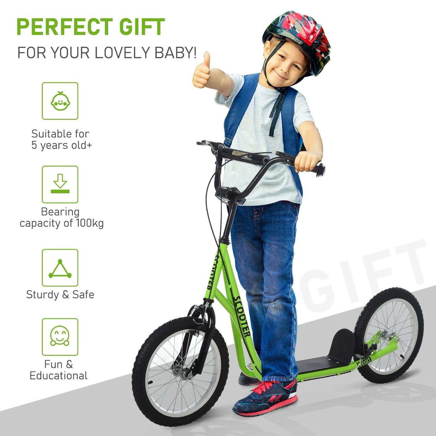 90-96cm Kids Kick Scooter w/ Adjustable Handlebar Inflatable Wheels Brakes Green