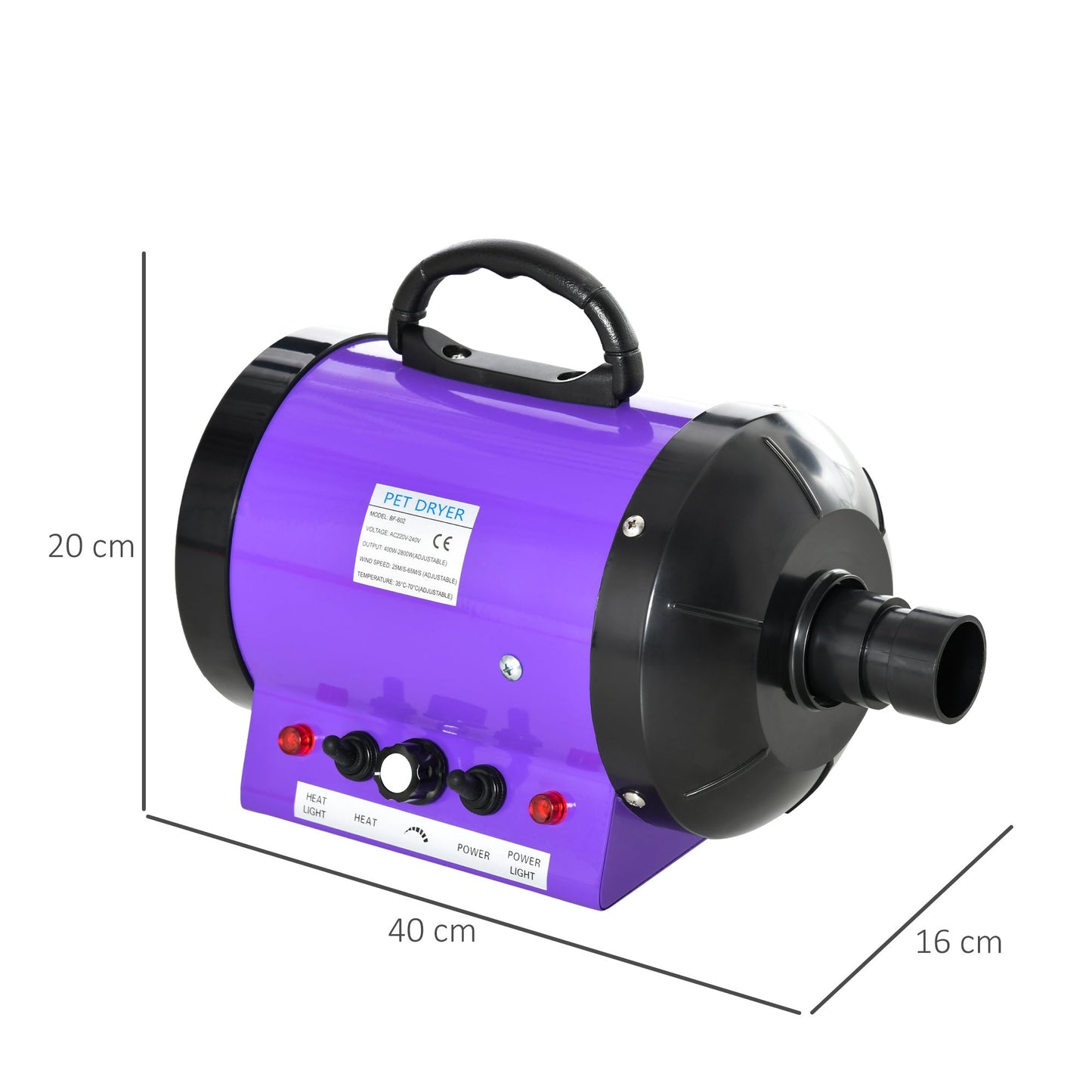 Pawhut 2800W Dog Pet Grooming Hairdryer Heater With Three Nozzles - Purple