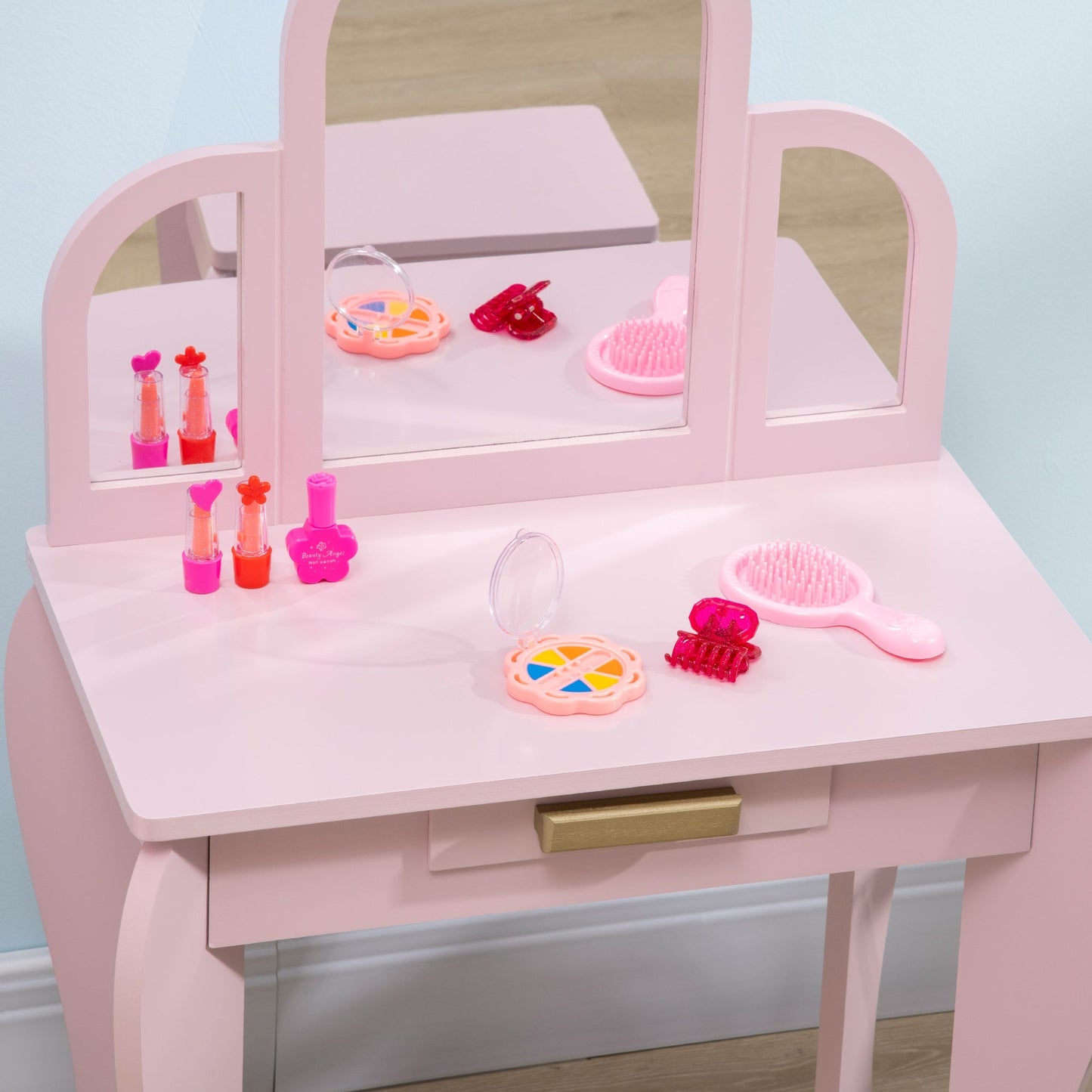 Homcom Kids Dressing Table Set With Mirror And Drawer - Pink