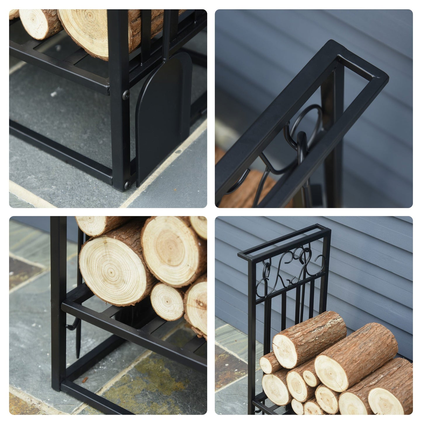 Steel Slatted Log Rack w/ Tools Black