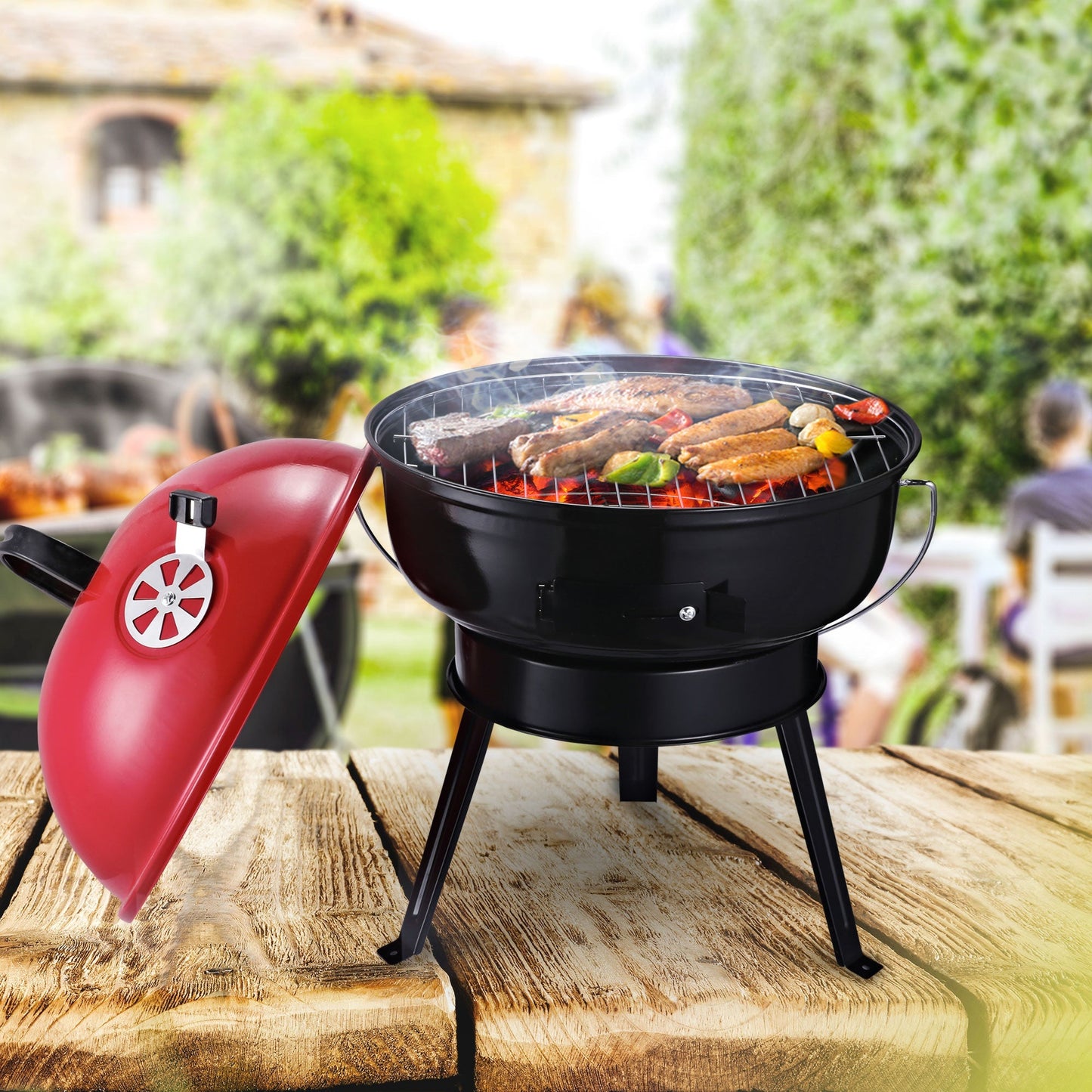 Metal Portable Tripod Charcoal Bbq Grill Black Red