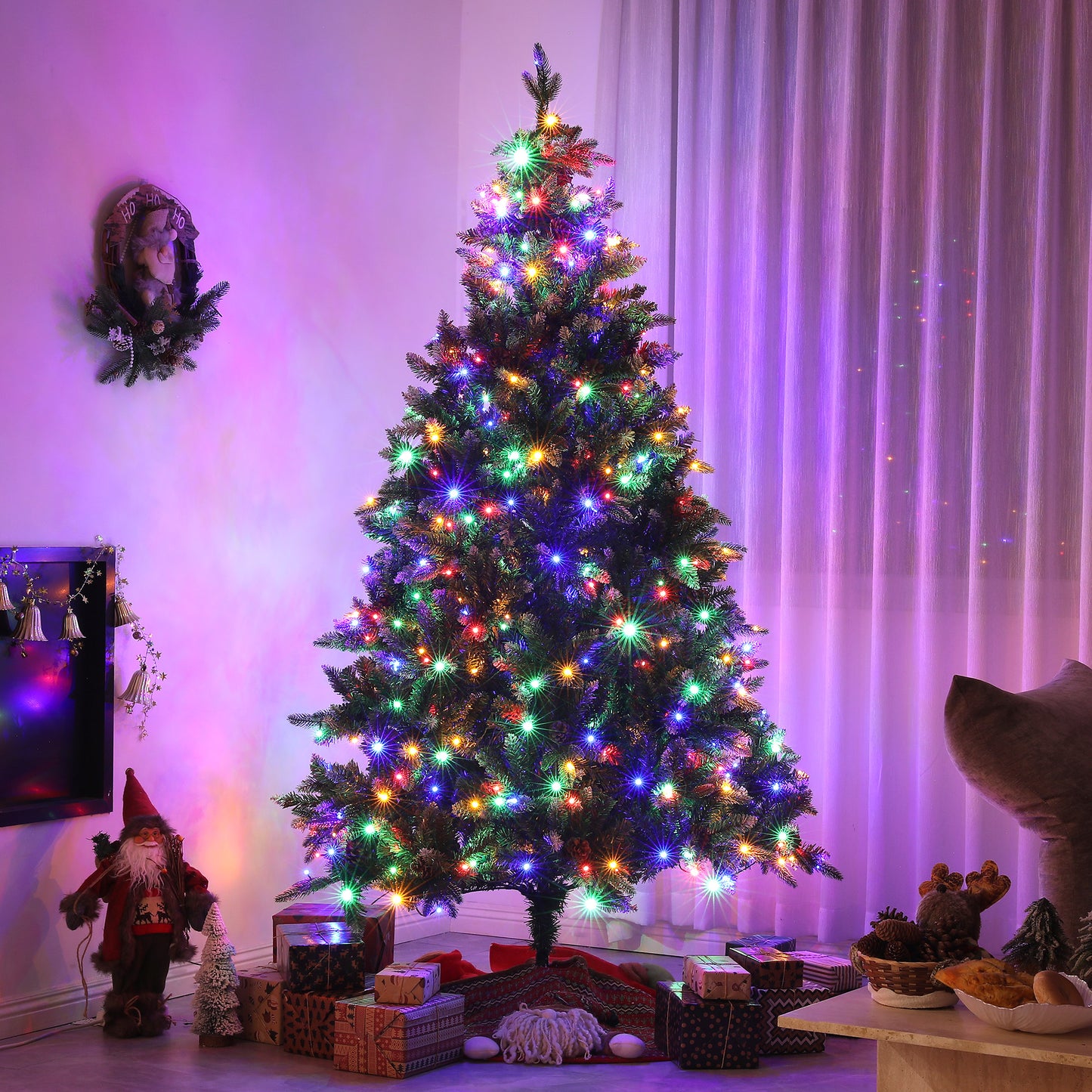 6ft Prelit Christmas Tree Artificial - White Frosted Green with LED Lights Multicoloured 1078 Tips