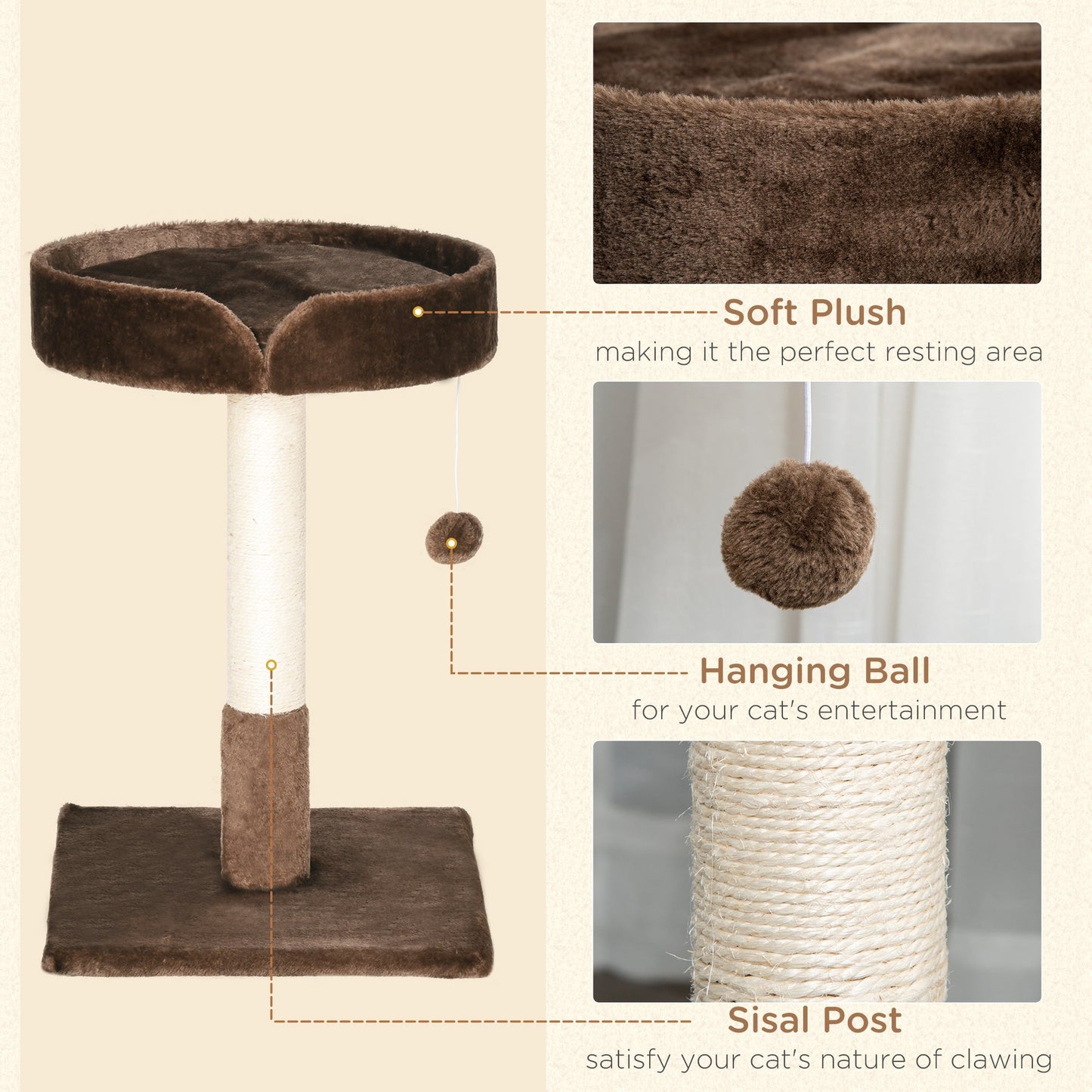 PawHut Small Cat Tree for Indoor Cats with Sisal Scratching Post Kitten Bed Cushion Ball Toy