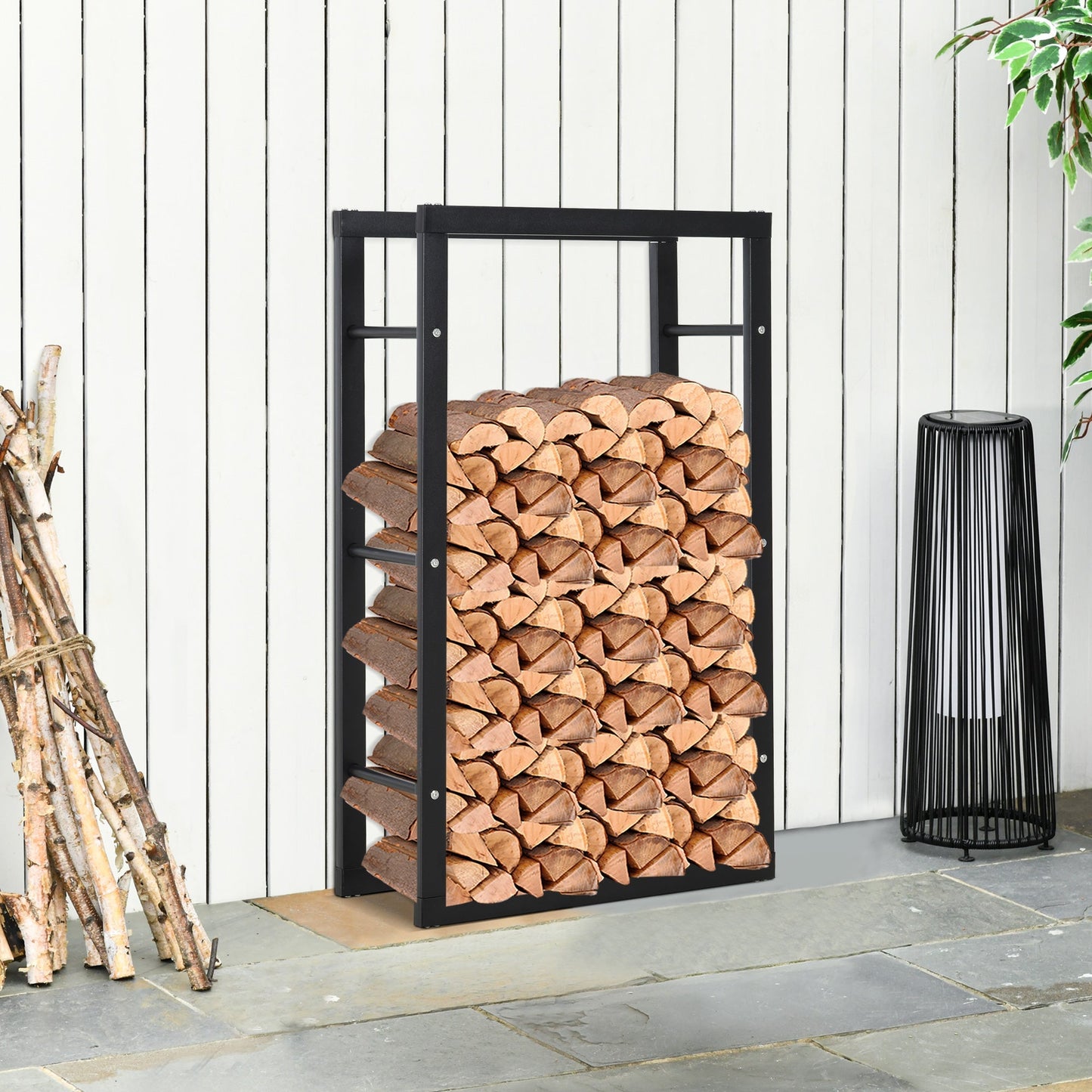 Metal Firewood Log Holder Tall Firewood Rack Indoor Outdoor Fireplace Wood Storage Shelf with Side Rails