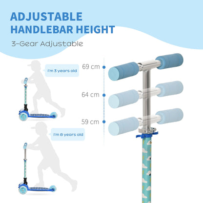 Homcom Foldable Scooter for Kids with 3 Wheel Adjustable Height Flashing Wheels