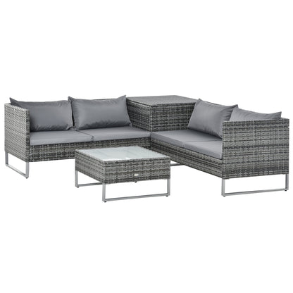 4-Piece Garden Rattan Wicker Outdoor Furniture Patio Corner Sofa Love Seat and Table Set with Cushions Side Desk Storage - Mixed Grey