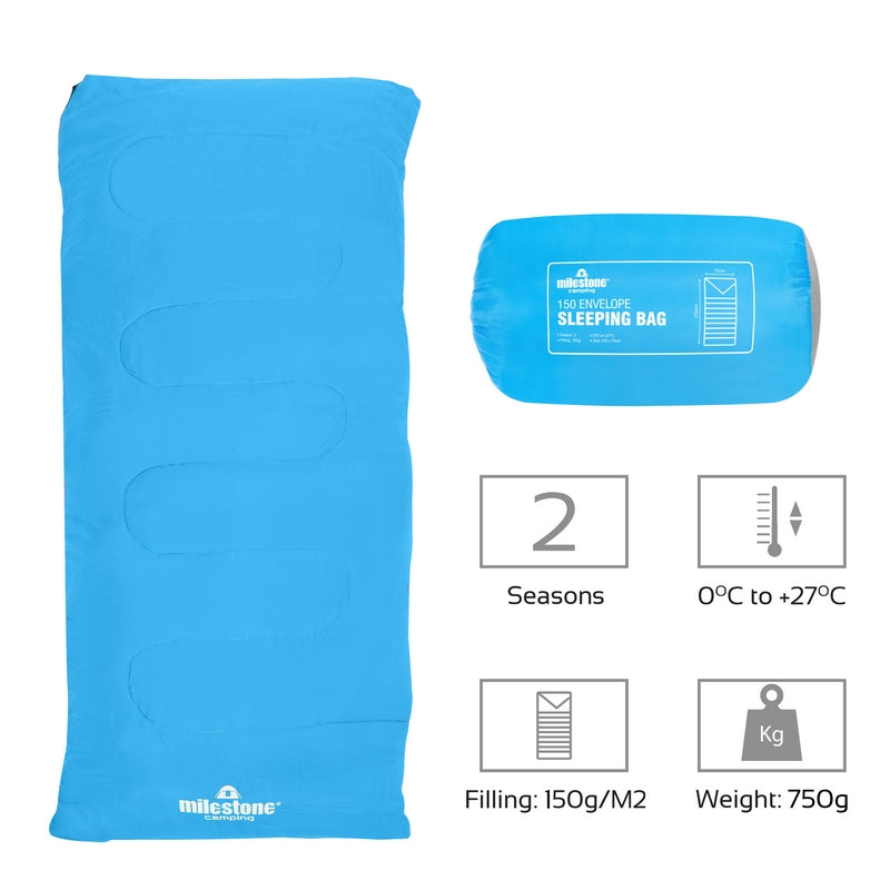 Milestone Camping Two Season Sleeping Bag Single Envelope Blue And Grey