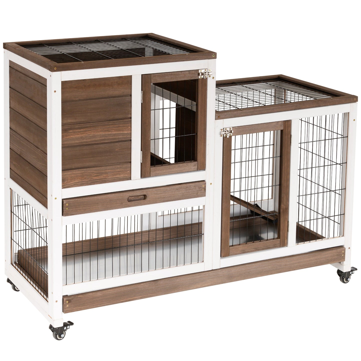 PawHut Wooden Indoor Rabbit Hutch Guinea Pig House Bunny Small Animal Cage W/ Wheels Enclosed Run 110 x 50 x 86 cm