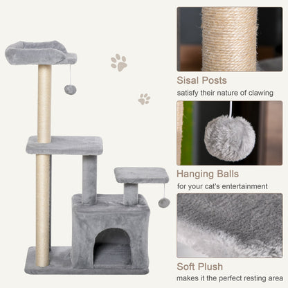 PawHut Cat Tree Tower for Indoor Cats 114cm Climbing Activity Centre Kitten with Sisal Scratching Post Perch Hanging Ball Condo Toy Light Grey