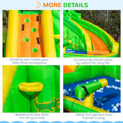 5 in 1 Kids Bouncy Castle Large Crocodile Style Inflatable House Slide Basket Water Pool Gun Climbing Wall with Blower Carrybag for Kids Age 3-8